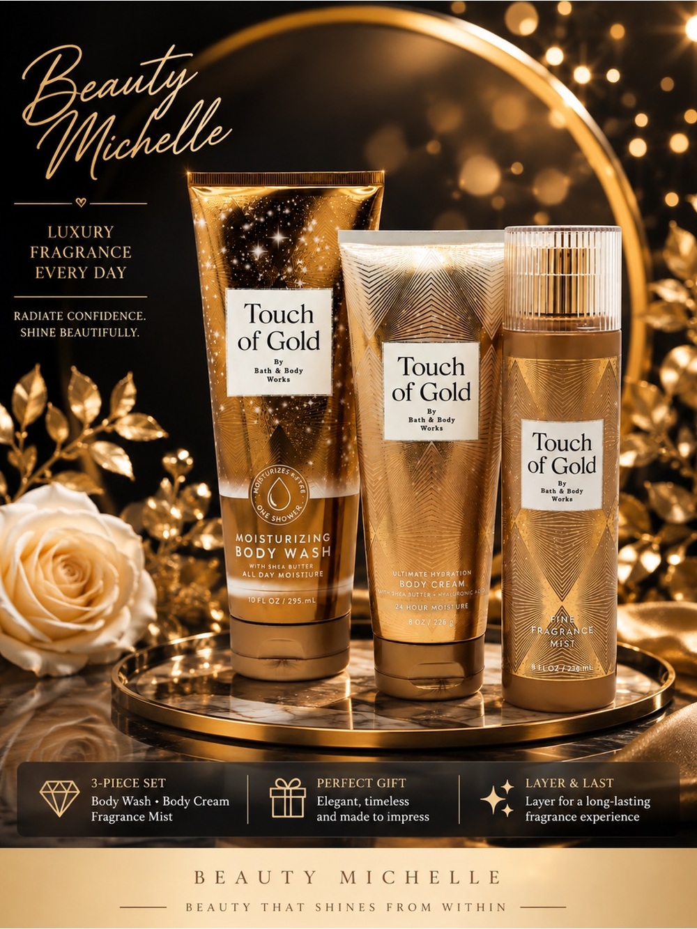 Bath & Body Works TOUCH OF  GOLD Set-3 Pc Body Wash Cream and Mist Gift Set NEW